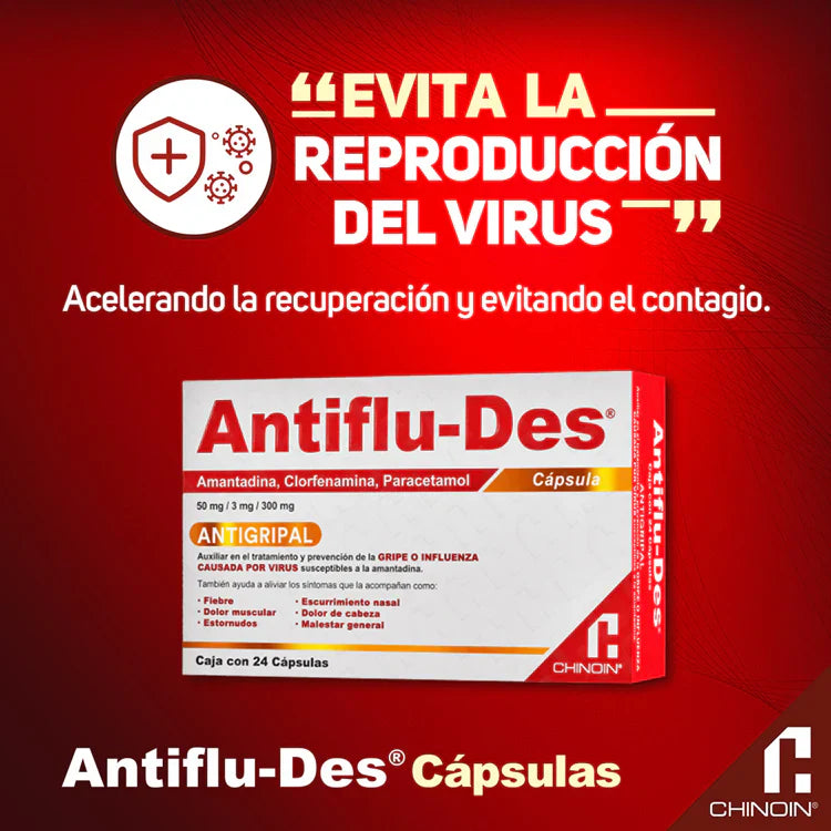 Fotografía de caja de Antiflu-Des cápsulas, producto combinado con amantadina, clorfenamina y paracetamol.